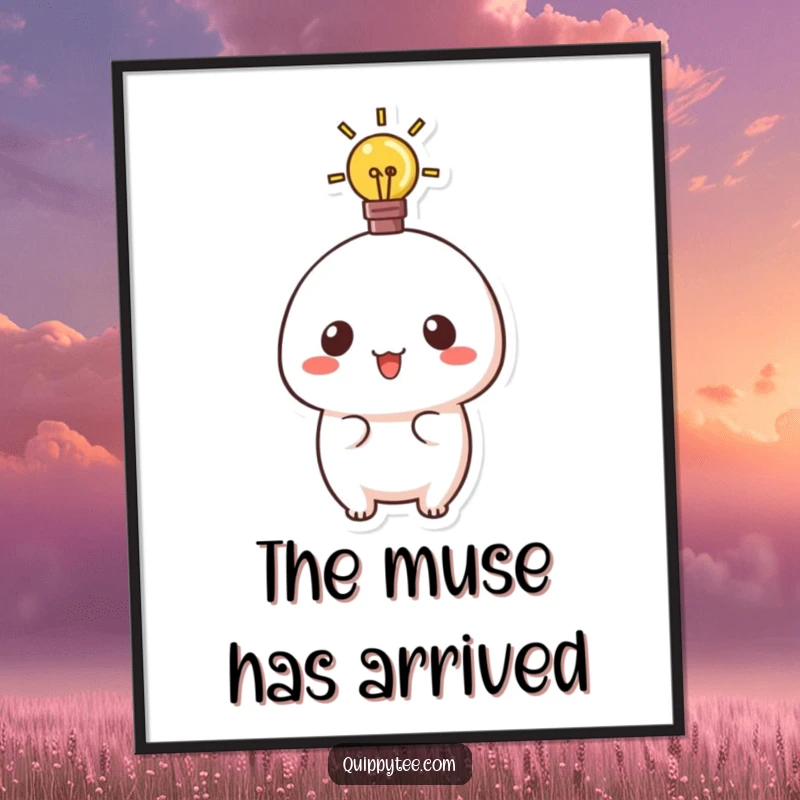 Funny poster print of a cute kawaii character with a radiant lightbulb, symbolizing inspiration, creativity, and bright ideas.