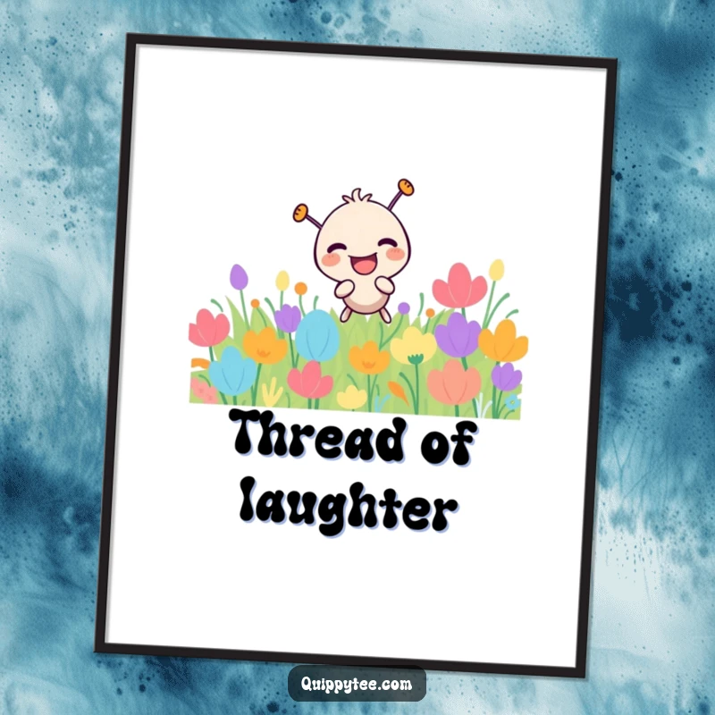 Funny laughing needle character enthusiastically poking a vibrant patch, framed as humorous wall art.