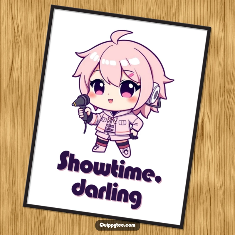 Funny poster art of a kawaii character striking a confident pose with a microphone, capturing the essence of a captivating performance.