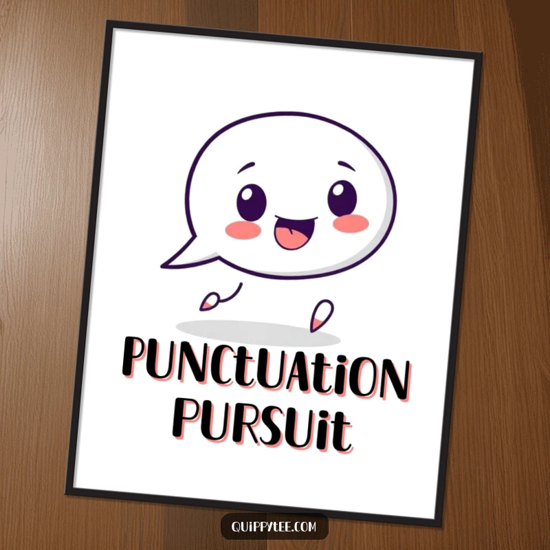 Funny speech bubble character poster, playfully chasing a punctuation mark, bringing conversational humor and linguistic art to any space.