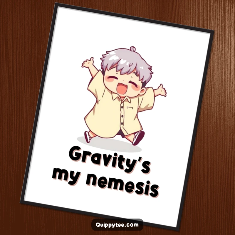 Funny poster art of a cute kawaii character comically tripping while wearing a giant shirt, a humorous and relatable illustration.