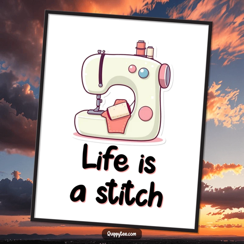 Funny poster illustrating a content sewing machine and a gleeful bobbin, adding a humorous and artistic touch to any craft-themed space.