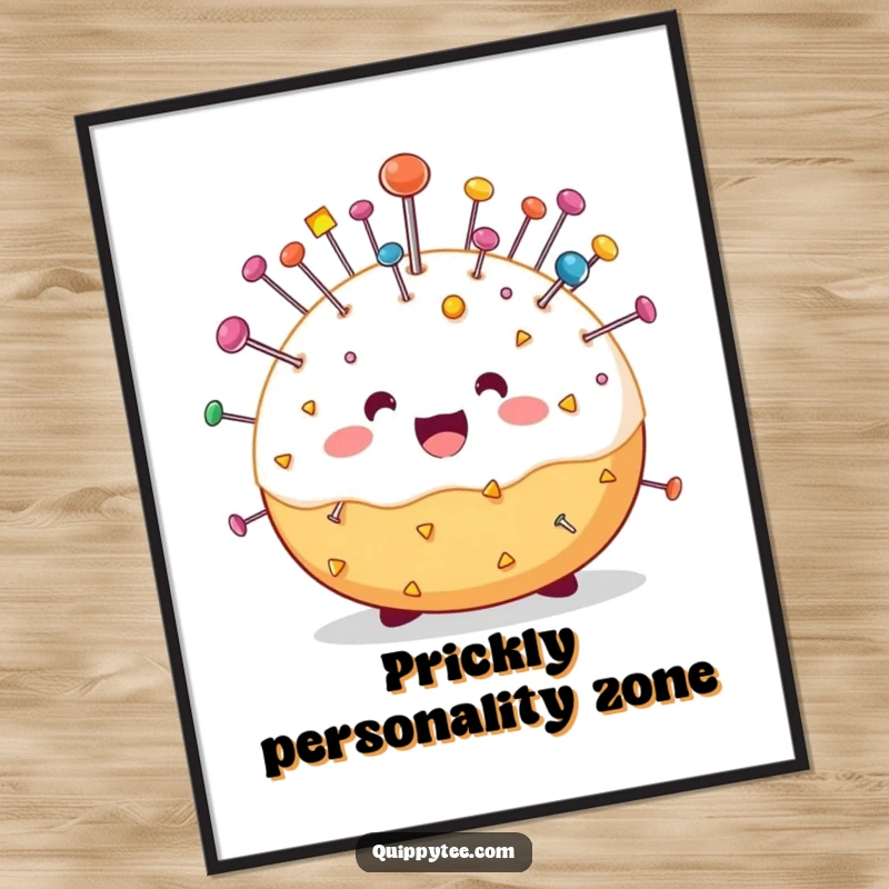 Funny poster of a delighted pin cushion character covered in colorful pins, bringing a humorous and vibrant touch to any sewing space.