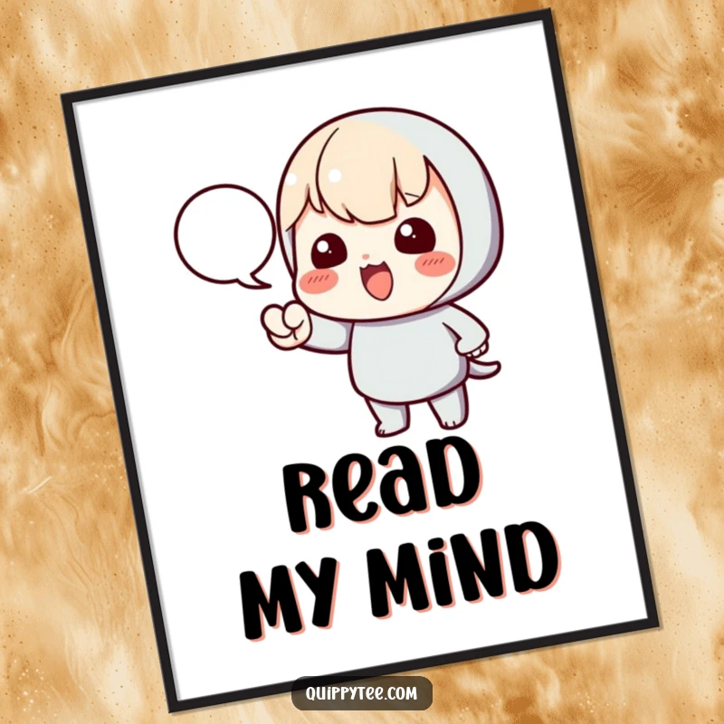 Funny poster art of a kawaii character dramatically pointing towards an empty speech bubble, inviting viewers to add their own words.