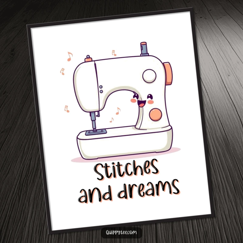 Funny poster illustrating a stylized sewing machine producing a happy tune, adding a musical and humorous element to wall decor.