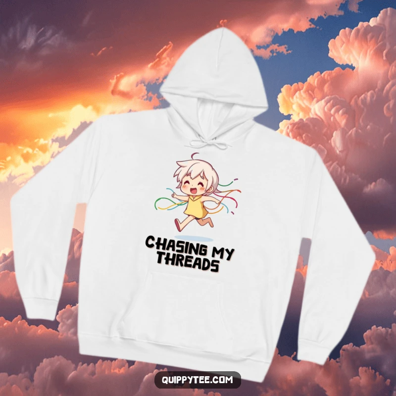 Funny Hoodie: A character runs with delight, surrounded by a colorful, dangling trail of threads, offering warmth and fun.