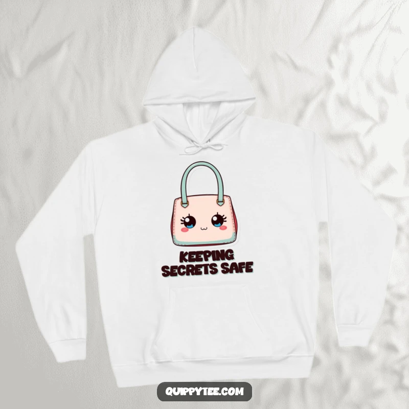 Funny hoodie depicting a tiny designer handbag with expressive eyes, ready for a stylish outing.
