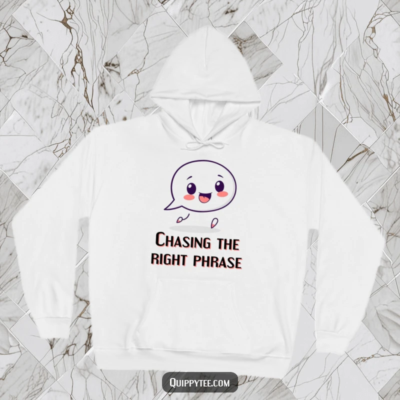 Funny speech bubble character hoodie, playfully chasing a punctuation mark, offering comfort and intellectual humor.