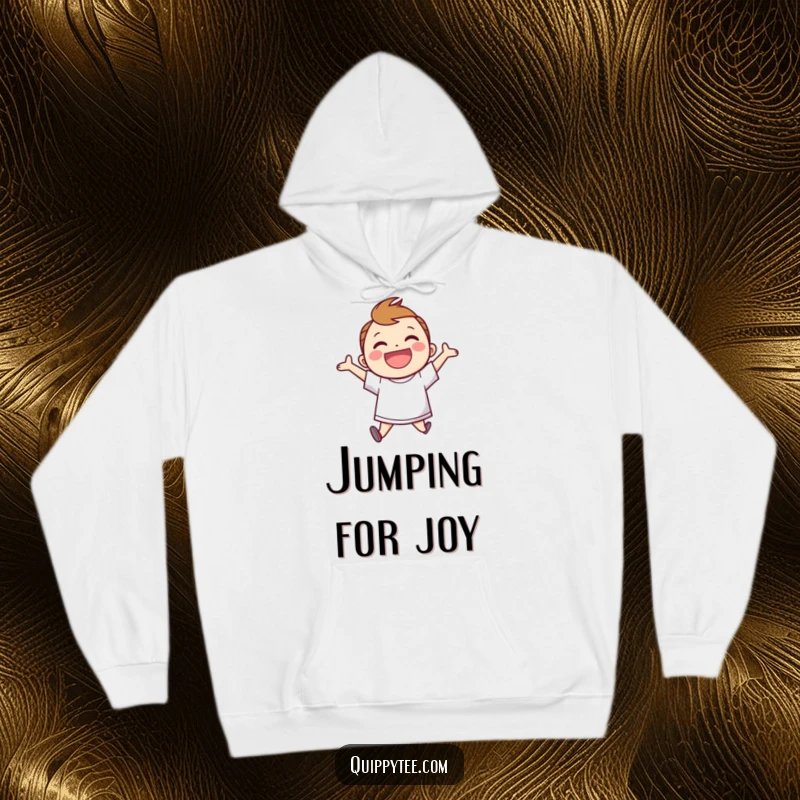 Funny Hoodie: Smiling character in a speech bubble shirt, jumping for joy, designed for cozy happiness.