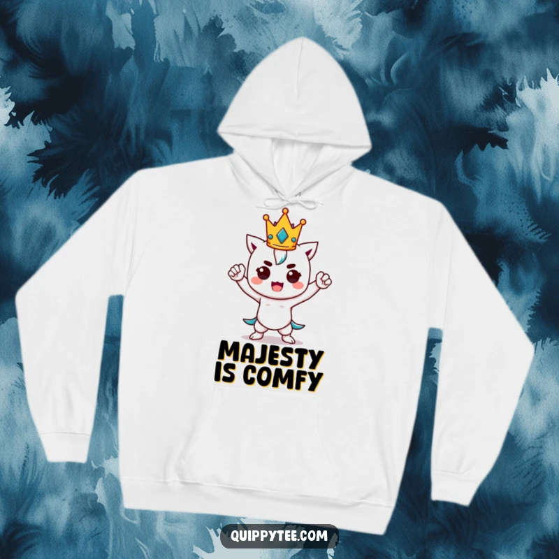 Funny kawaii character in a strong power pose, wearing a tiny crown, radiating confidence and playful royalty.