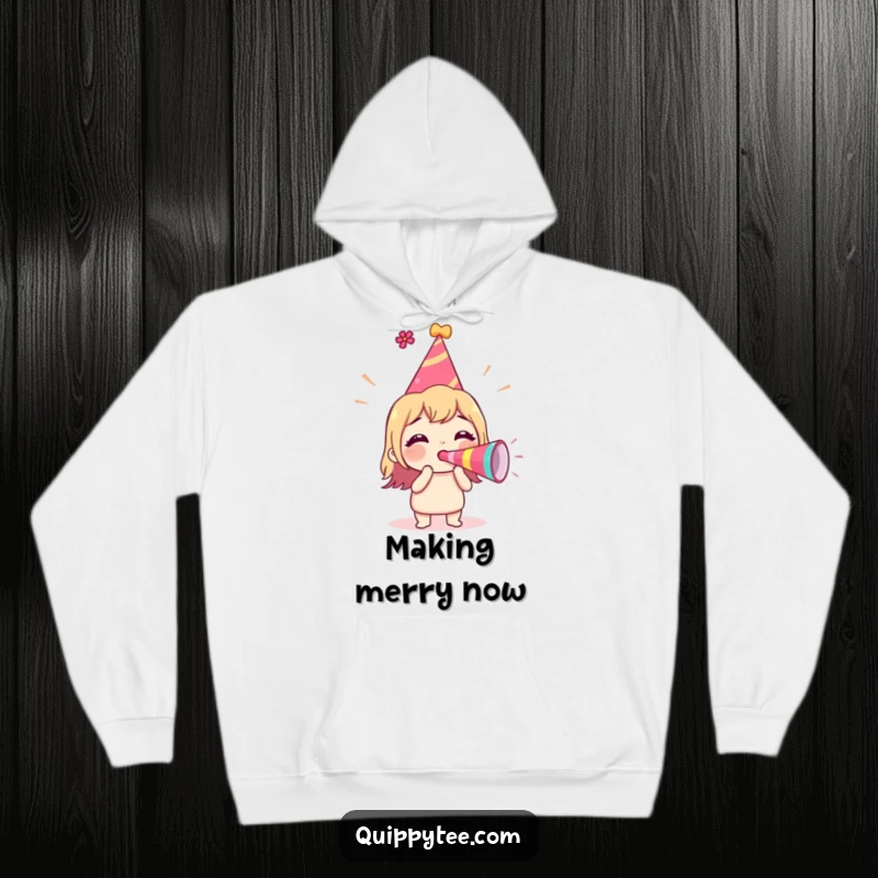 Funny Hoodie depicting an excited character in a party hat, blowing a party horn to spread cheer and good times.