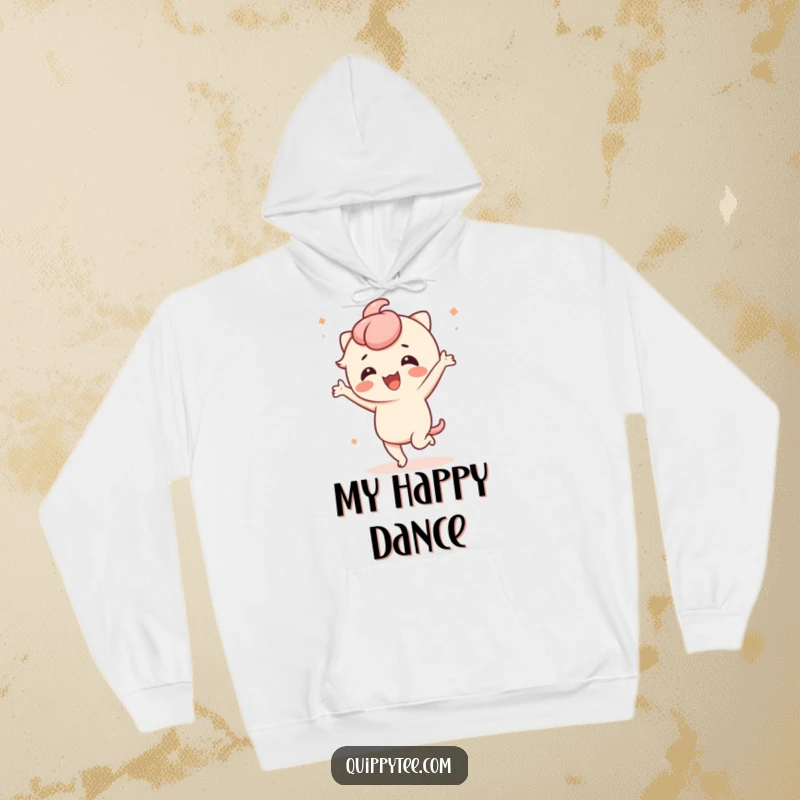 Funny hoodie featuring a cute kawaii character dancing with gusto and a smile, perfect for staying cozy and playful.
