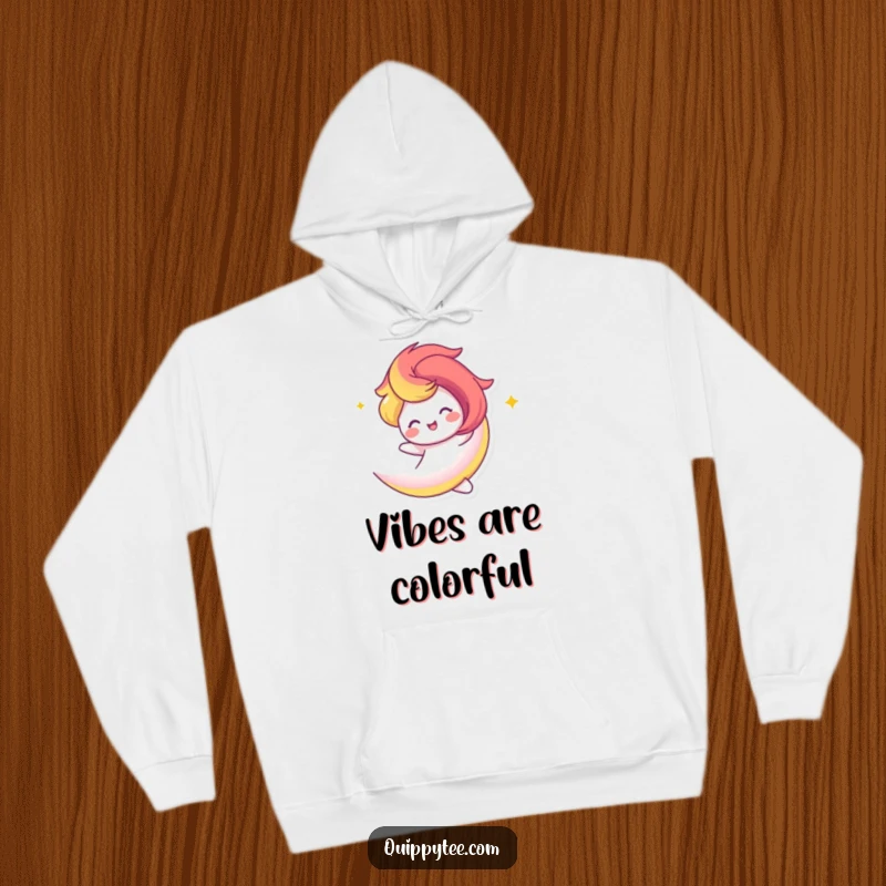 Funny Hoodie: A vibrant rainbow swirl character twirling happily, offering cozy comfort and cheerful energy.