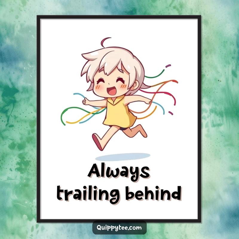 Funny Free Printable Wall Art: A character running exuberantly, leaving a whimsical trail of colorful threads.