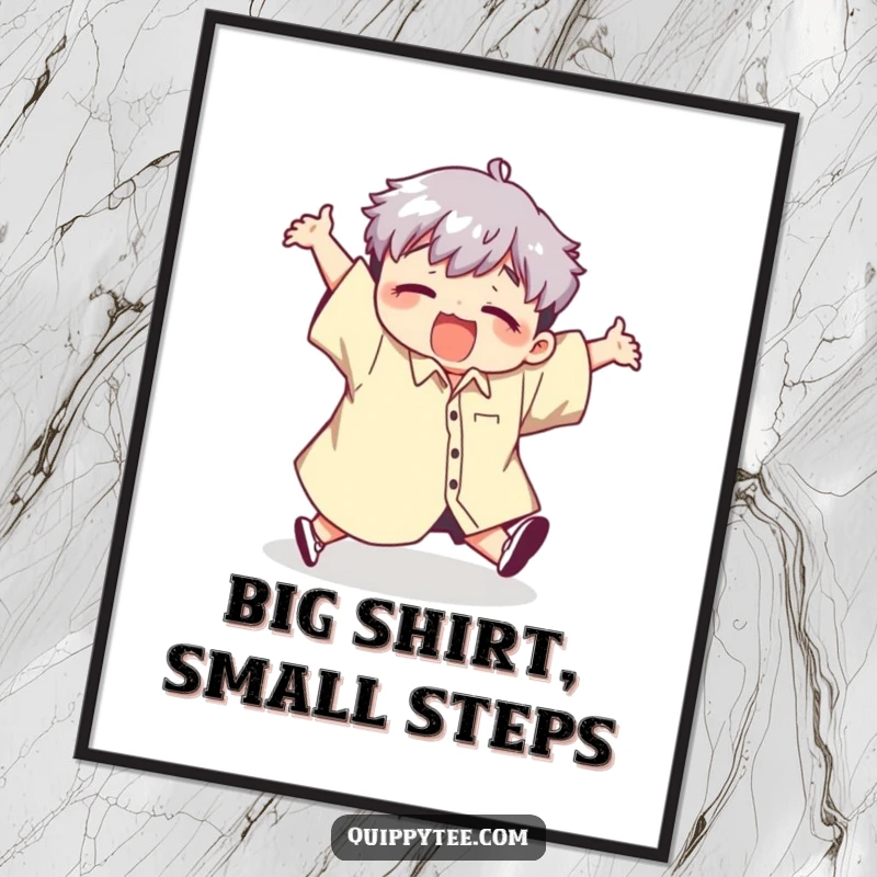 Funny Free Printable Wall Art: Kawaii character comically tripping over their own feet while wearing a comically large shirt.