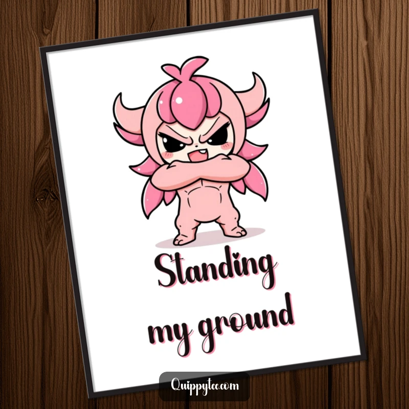Funny free printable wall art featuring a cute kawaii character with a cool attitude, striking a defiant pose with crossed arms.