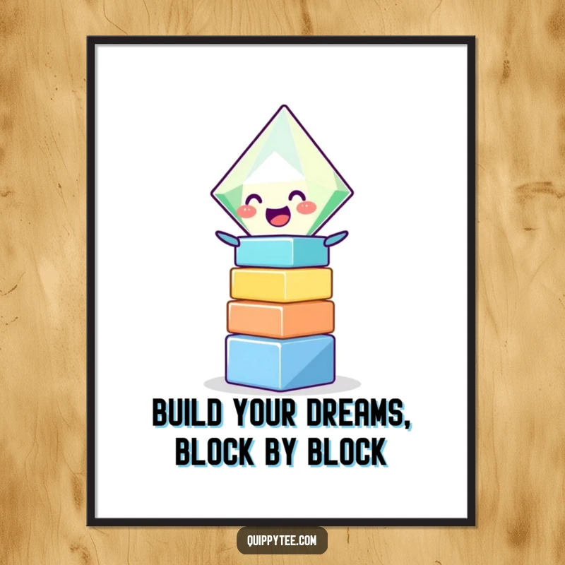 Funny Free Printable Wall Art depicting a gleeful diamond character engrossed in stacking colorful blocks.
