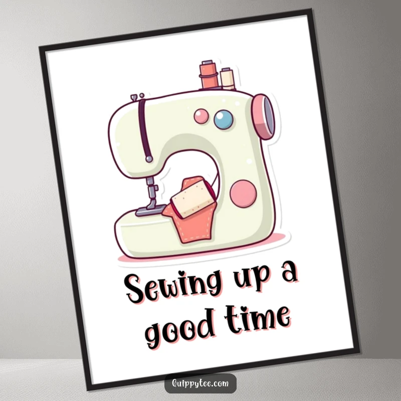 Funny free printable wall art of a content sewing machine character with an immensely happy bobbin, perfect for a craft space.