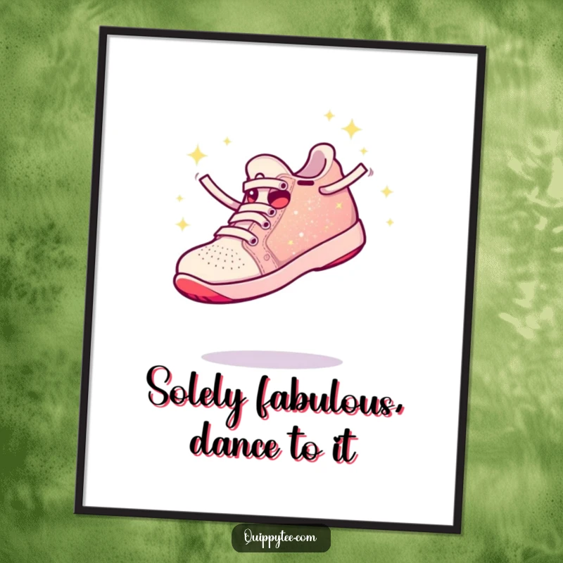 Funny Free Printable Wall Art depicts a sparkly shoe energetically leaping, conveying pure joy and a playful, optimistic vibe.