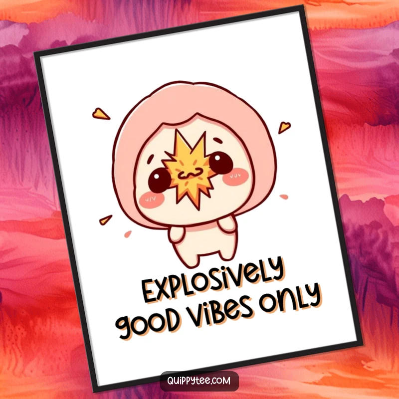 Funny Free Printable Wall Art: Kawaii character looking startled with a vibrant, cartoonish explosion emanating from its speech bubble.