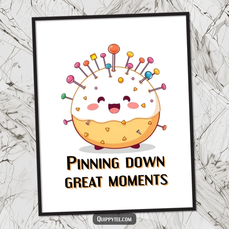 Funny free printable wall art of a delighted pin cushion character bristling with a multitude of colorful pins, adding playful charm.
