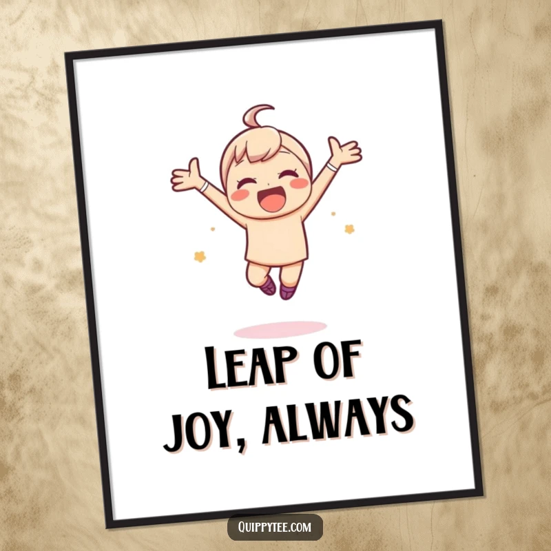 Funny Free Printable Wall Art: A kawaii character leaps exuberantly with arms spread wide, embodying pure, unadulterated happiness.