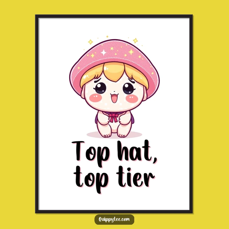 Funny Free Printable Wall Art: Sparkly Hat Kawaii Character, Whimsical Decor