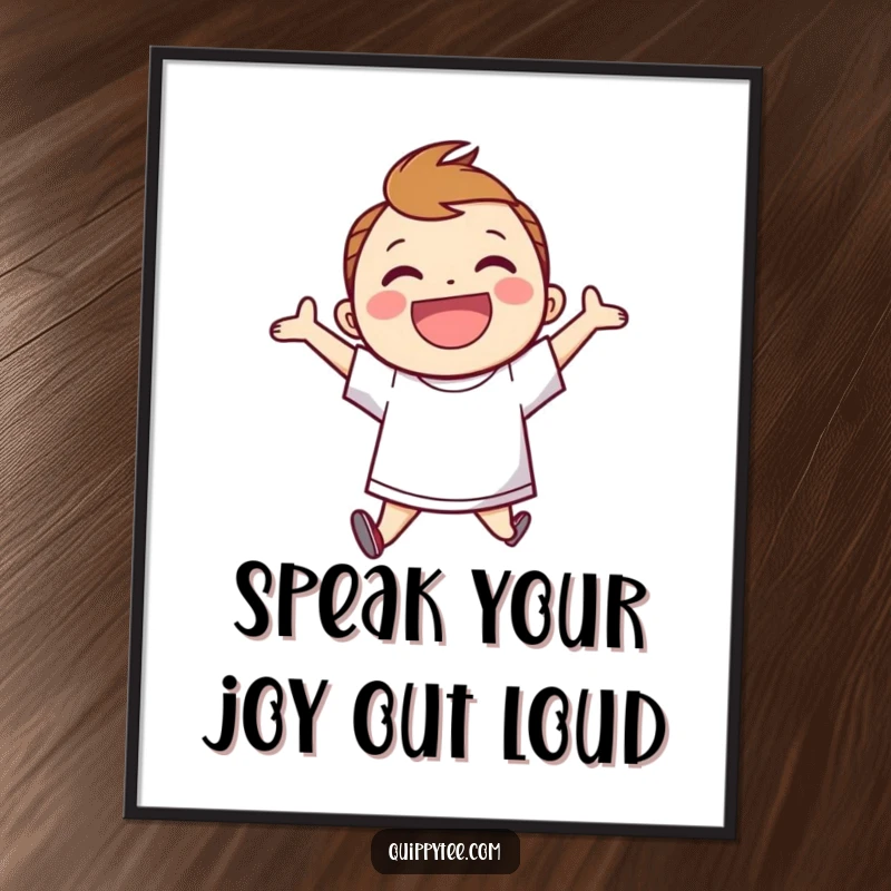 Funny Free Printable Wall Art: A smiling character in a speech bubble shirt, jumping for joy with a positive vibe.