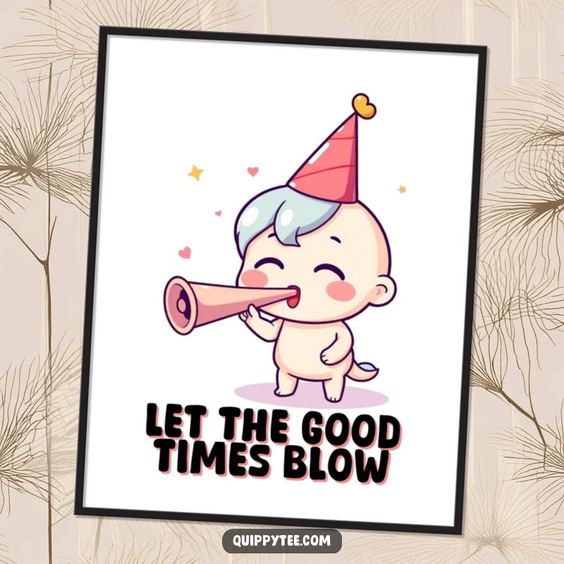 Funny Free Printable Wall Art: A cartoon character in a party hat joyfully blows a party horn with eyes wide in excitement, perfect for festive decor.