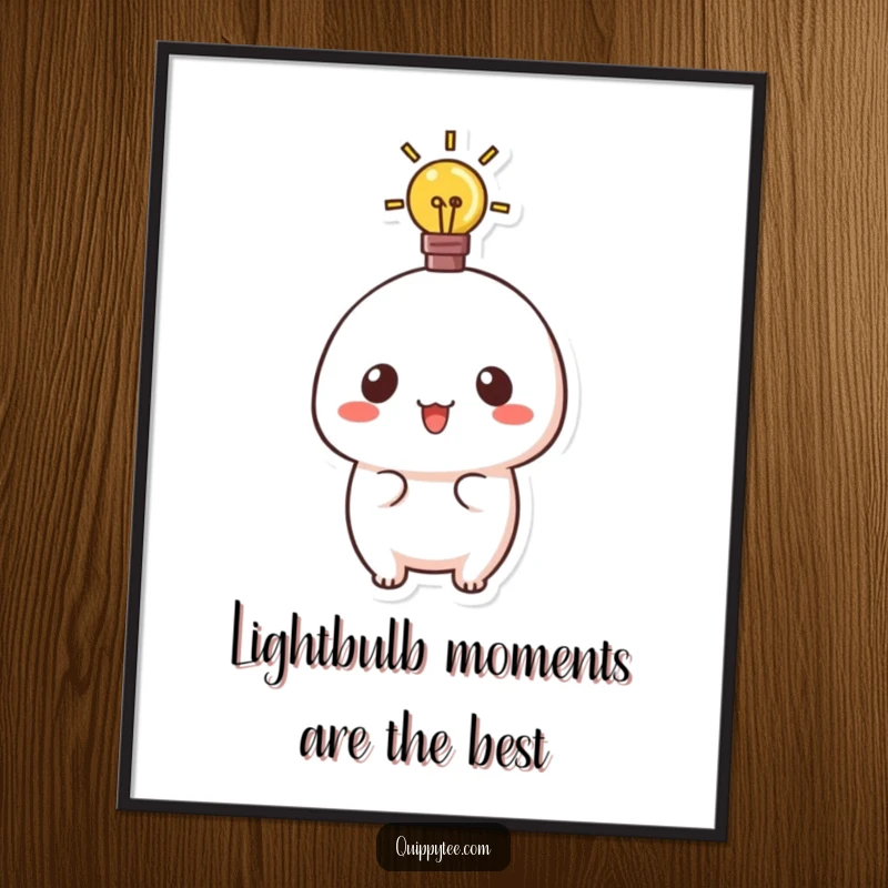 Funny Free Printable Wall Art of a Kawaii character with a glowing lightbulb, symbolizing brilliant ideas and creativity.