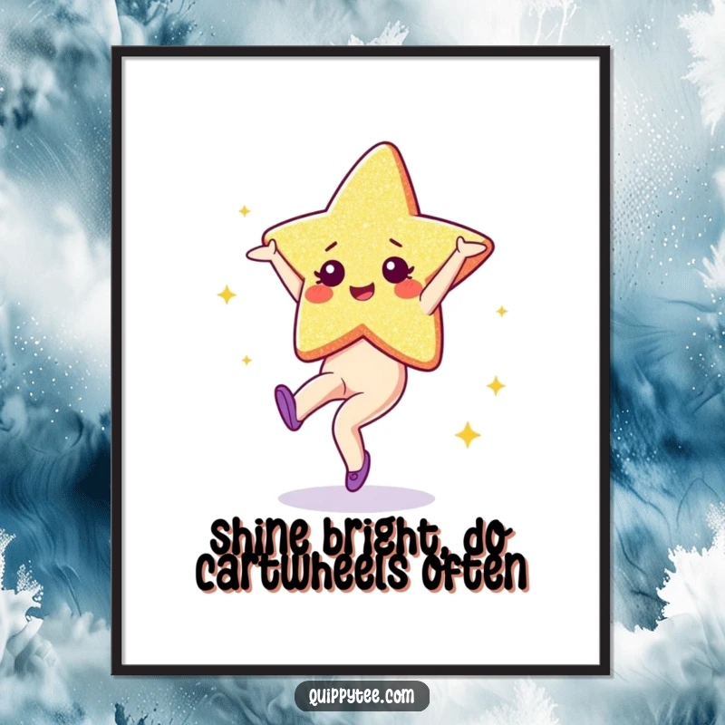 Funny Free Printable Wall Art: A sparkling Glitter star character performing a cartwheel, radiating fun energy.