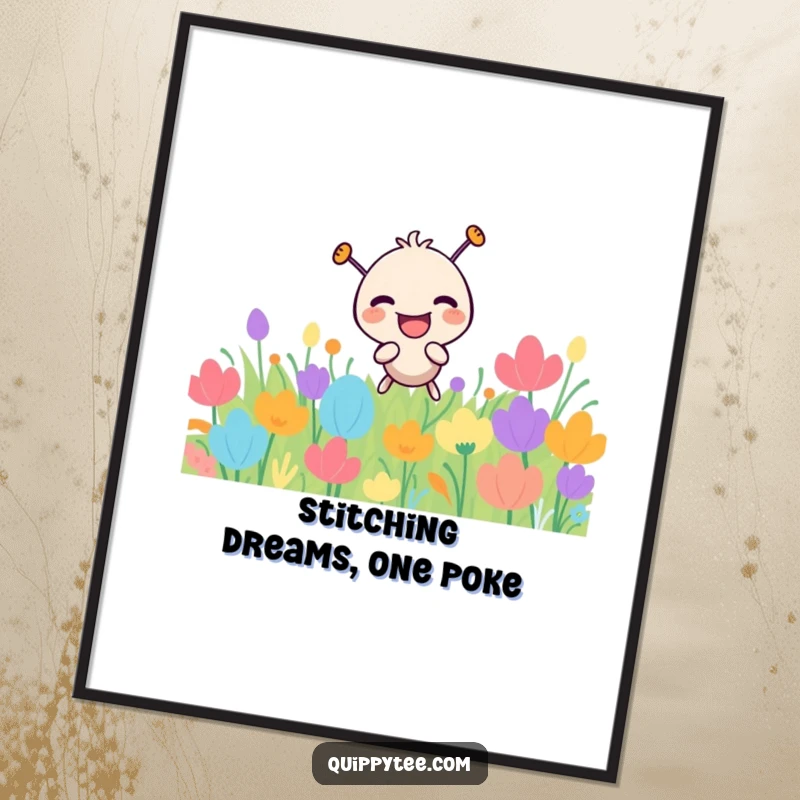 Funny Free Printable Wall Art: A needle character laughing while playfully poking through a vibrant, richly colored patch, adding whimsy.