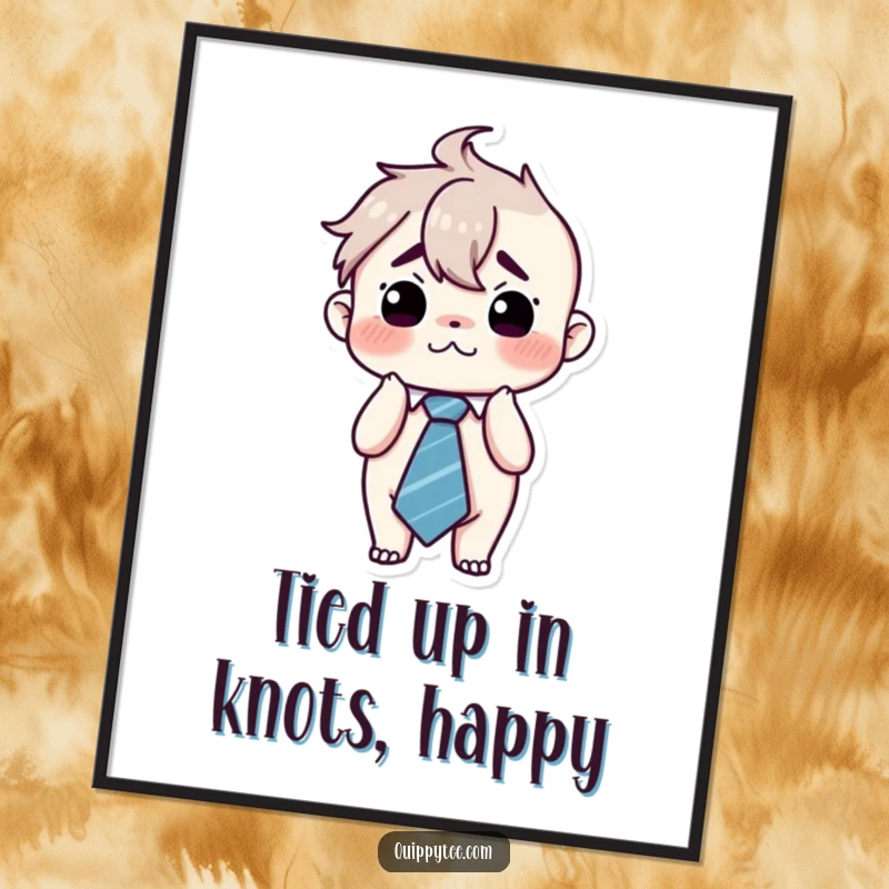 Funny Free Printable Wall Art: Kawaii character looking overwhelmed, sporting a comically large tie that seems to be swallowing it.