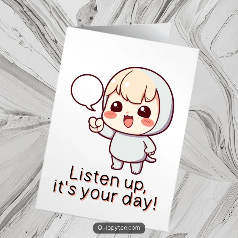 Funny Free Printable Birthday Card: A kawaii character dramatically points at an empty speech bubble, inviting a message.