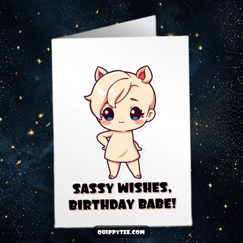 Funny free printable birthday card featuring a cute kawaii character striking a sassy pose with one hand confidently on their hip.