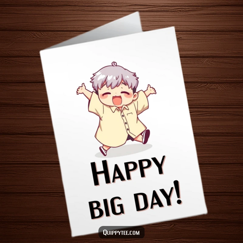 Funny Free Printable Birthday Card: Kawaii character comically tripping while overwhelmed by a giant shirt, causing birthday laughs.