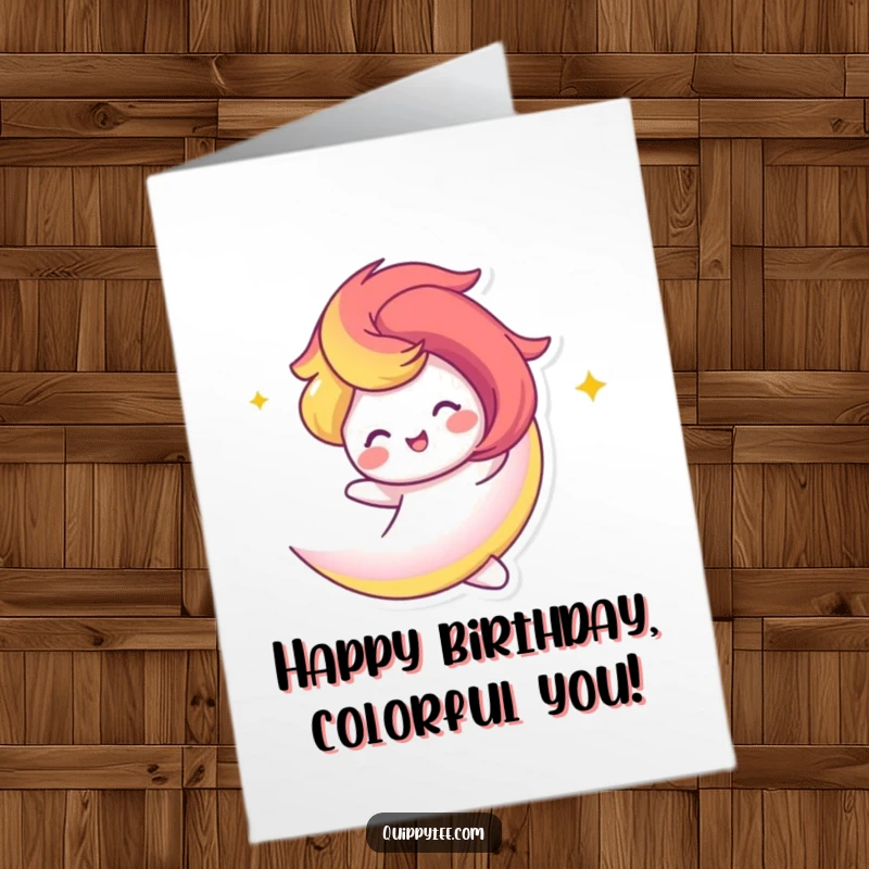 Joyful Free Printable Birthday Card: A rainbow swirl character happily twirls with delight.