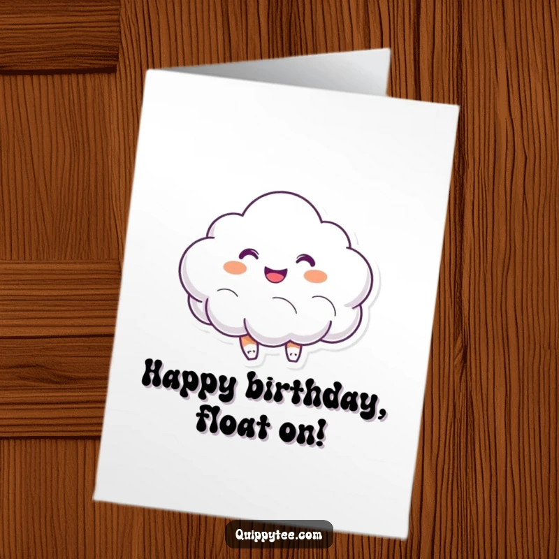 Funny Free Printable Birthday Card: Smiling cloud character happily bouncing with pure joy, spreading cheerful birthday vibes. Printable for home.