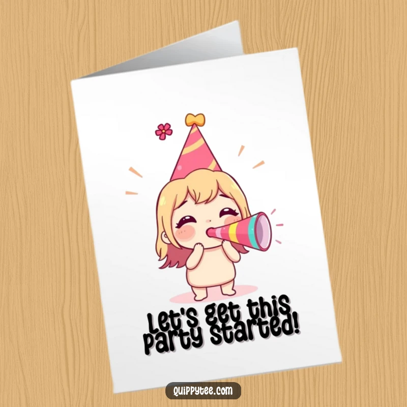 Funny Free Printable Birthday Card showing a character in a party hat joyfully blowing a party horn with excitement.