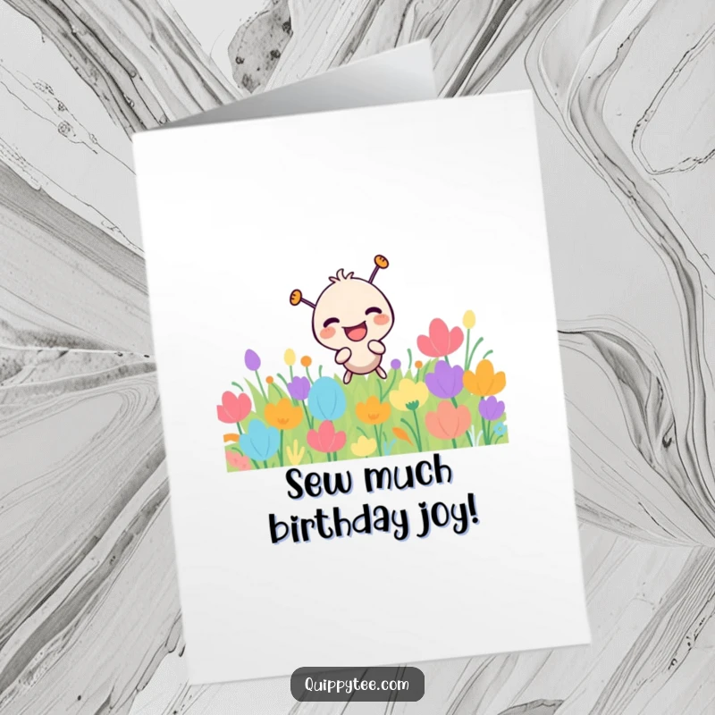 Funny Free Printable Birthday Card: A needle character laughing as it playfully pokes through a vibrant, colorful patch, spreading cheer.