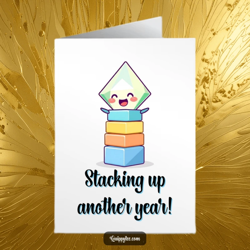 Funny Free Printable Birthday Card featuring a giggling diamond character joyfully stacking colorful blocks, perfect for a laugh.