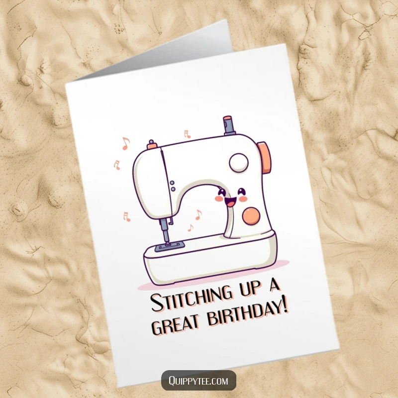 Funny Free Printable Birthday Card: Stylized sewing machine humming a happy tune, stitching up birthday wishes with joy.