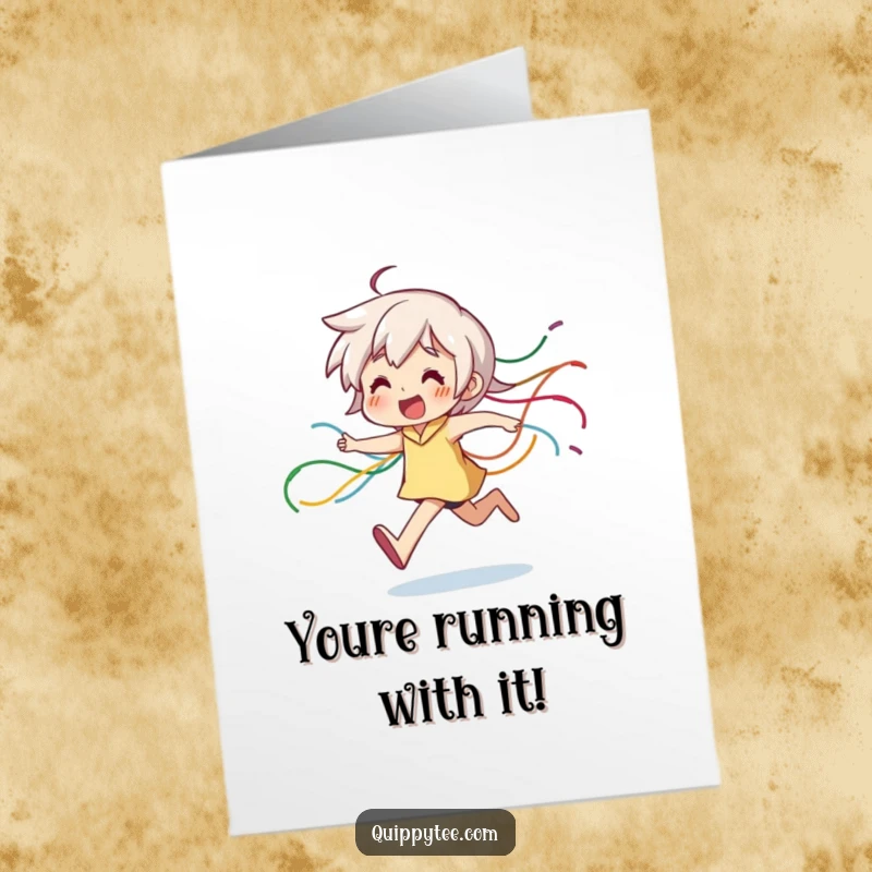Funny Free Printable Congratulations Card: A happy character runs with a trail of vibrant, dangling threads.
