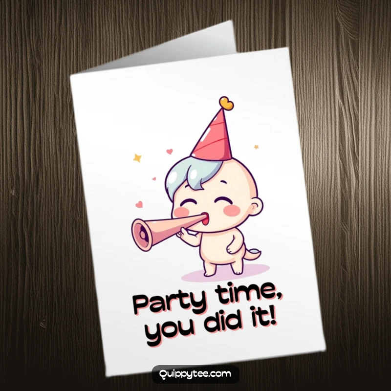 Funny Free Printable Congratulations Card: A cartoon character in a party hat joyfully blows a party horn with eyes wide in excitement.