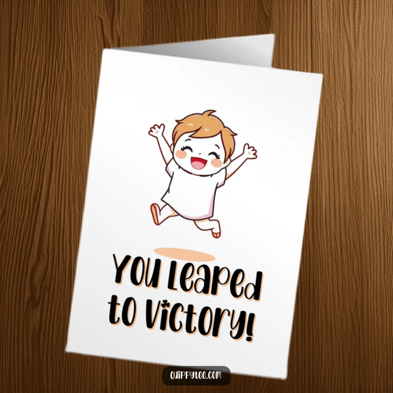 Funny Free Printable Congrats Card: A fabric swatch character performing an ecstatic leap to celebrate wonderful news, great for any occasion.