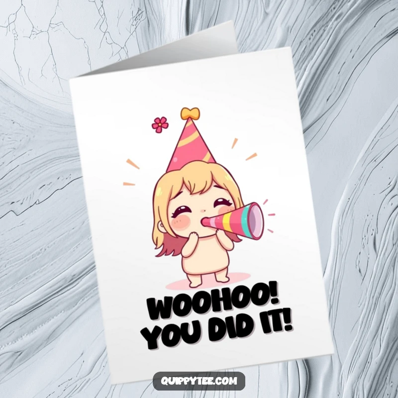 Funny Free Printable Congratulations Card featuring a character with a party hat blowing a horn in celebration.
