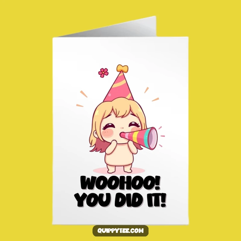 Free Printable Congrats Card Funny: Party Hat Character, Horn Blast, Instant Celebration