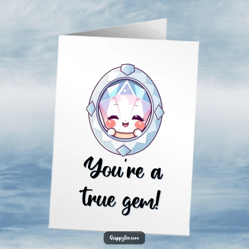 Funny Free Printable Congrats Card shows a cheerful gemstone giving a knowing wink from behind a mirror, celebrating a success.