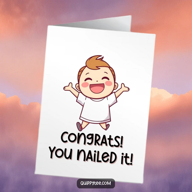 Funny Free Printable Congratulations Card showing a smiling character in a speech bubble shirt, jumping with excitement.