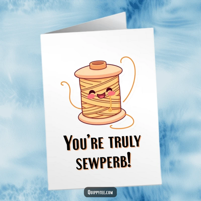 Funny Free Printable Congratulations Card: Smiling spool of thread character unwinding joyfully, celebrating a new accomplishment.